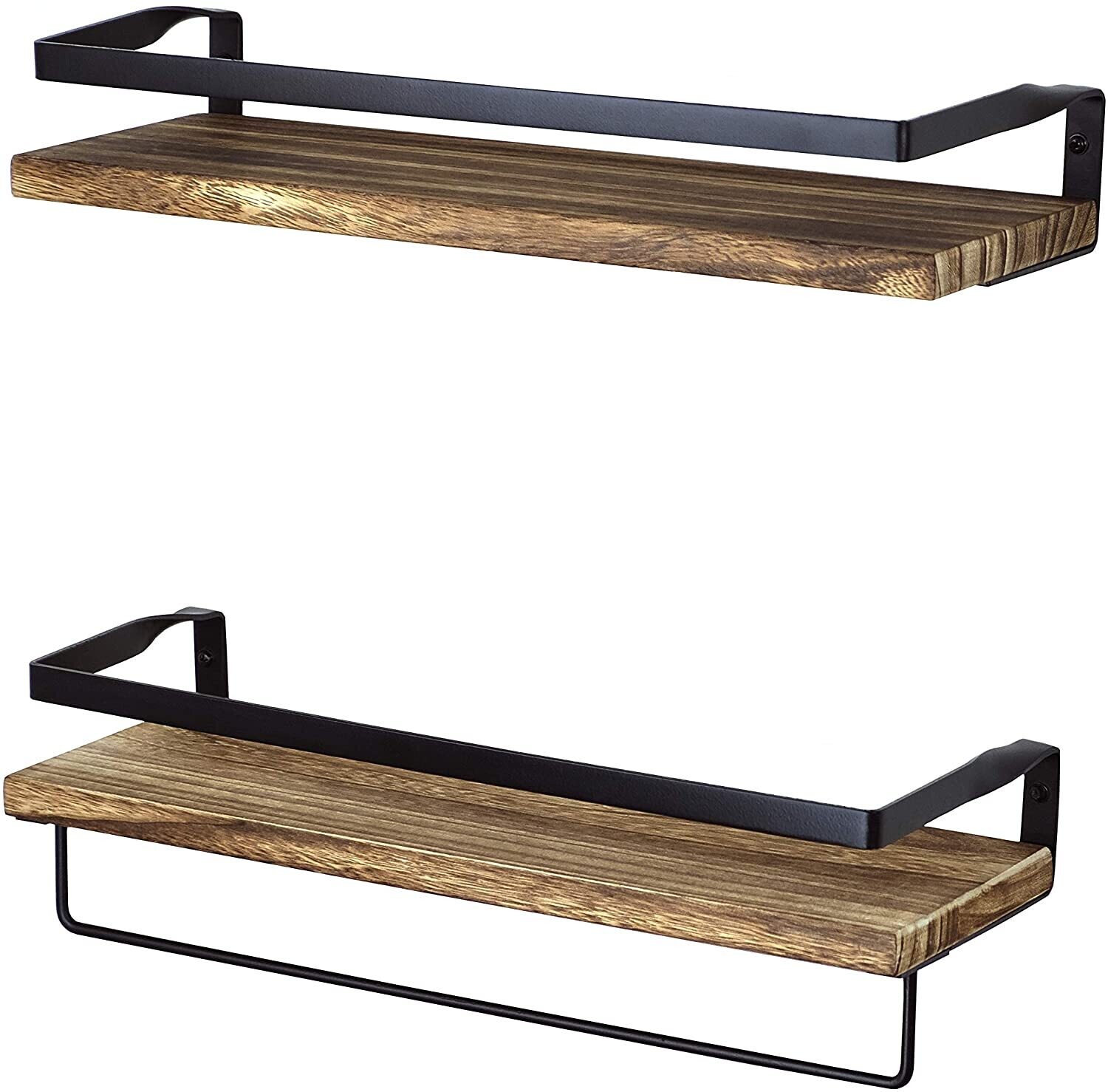 Rustic Brown with Black Floating 2-Piece Industrial Wall Shelf Set with Towel Rail – Wood &amp; Black Metal