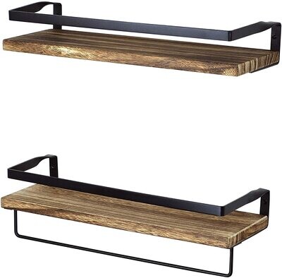Rustic Brown with Black Floating 2-Piece Industrial Wall Shelf Set with Towel Rail – Wood &amp; Black Metal