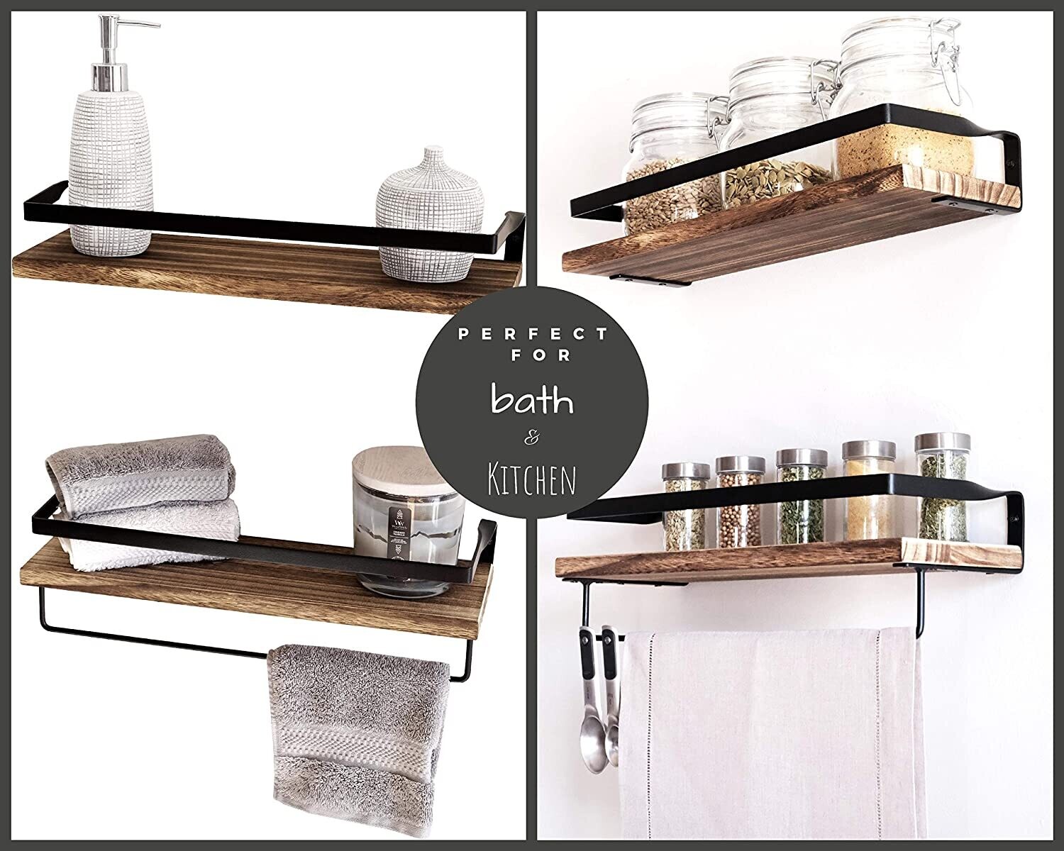 Rustic Brown with Black Floating 2-Piece Industrial Wall Shelf Set with Towel Rail – Wood &amp; Black Metal