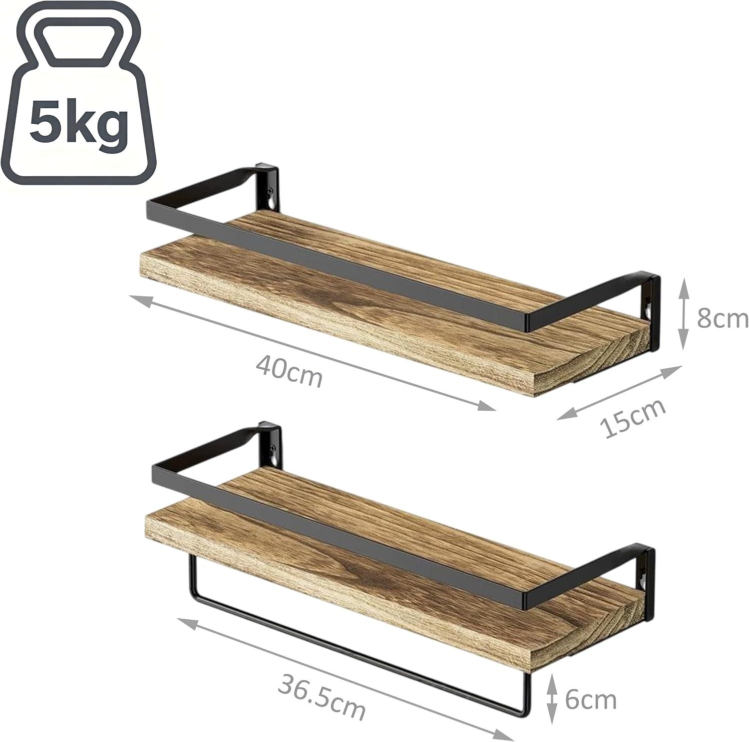 Rustic Brown with Black Floating 2-Piece Industrial Wall Shelf Set with Towel Rail – Wood &amp; Black Metal