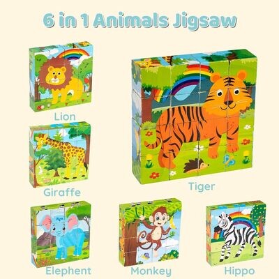 Wooden Picture Cube, Wooden Puzzle, 3D Cube Puzzle, Puzzle Games, 6-in-1 Animal Motifs for Children from 1 2 3 Years