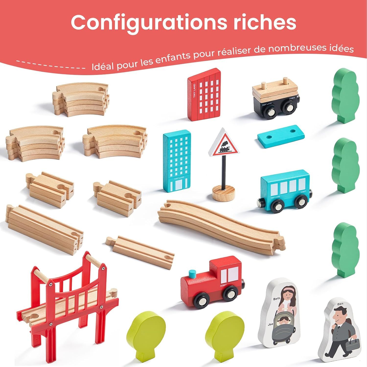 Wooden Toy Train Set with Wooden Rails Including Accessories