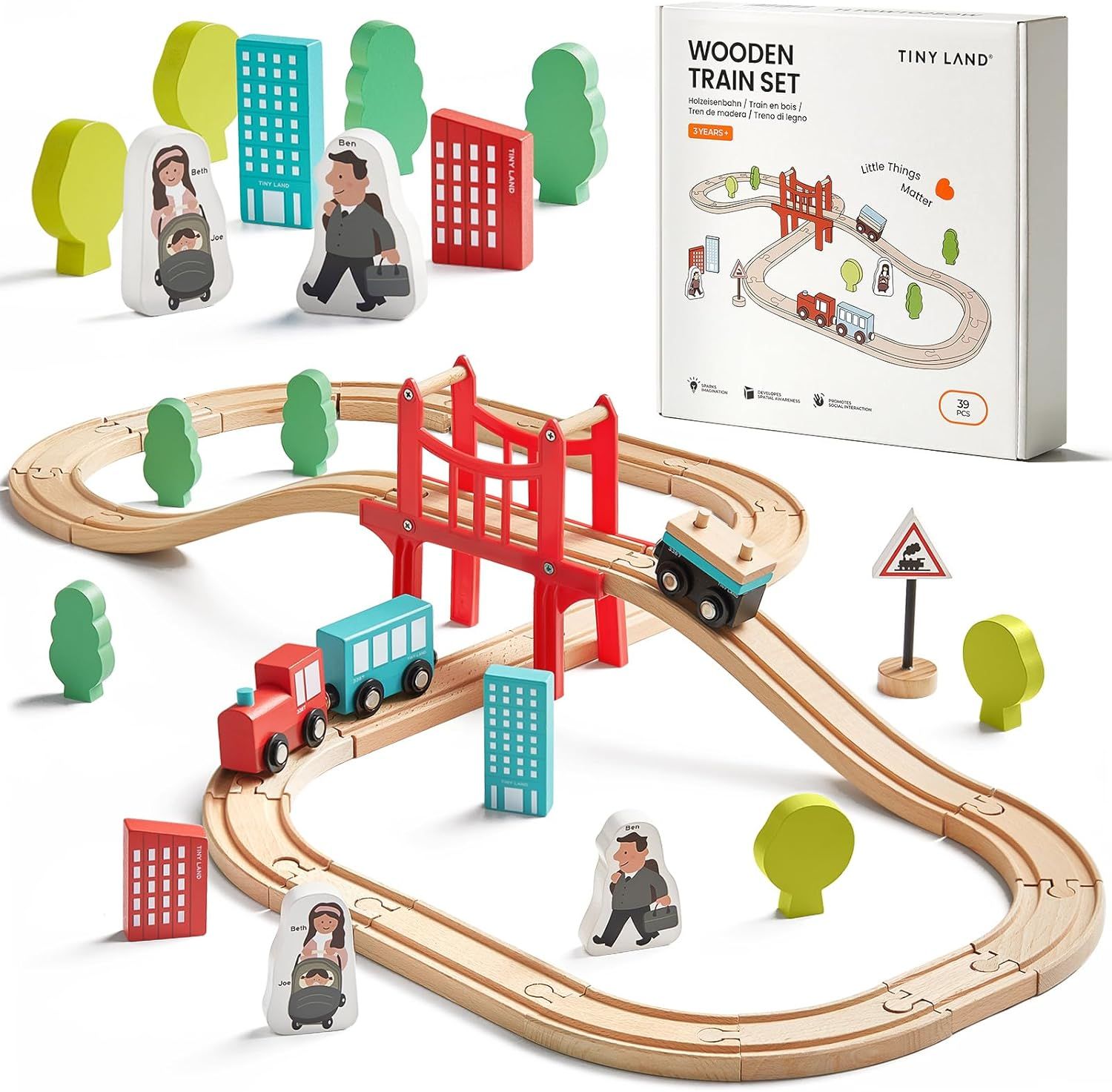 Wooden Toy Train Set with Wooden Rails Including Accessories