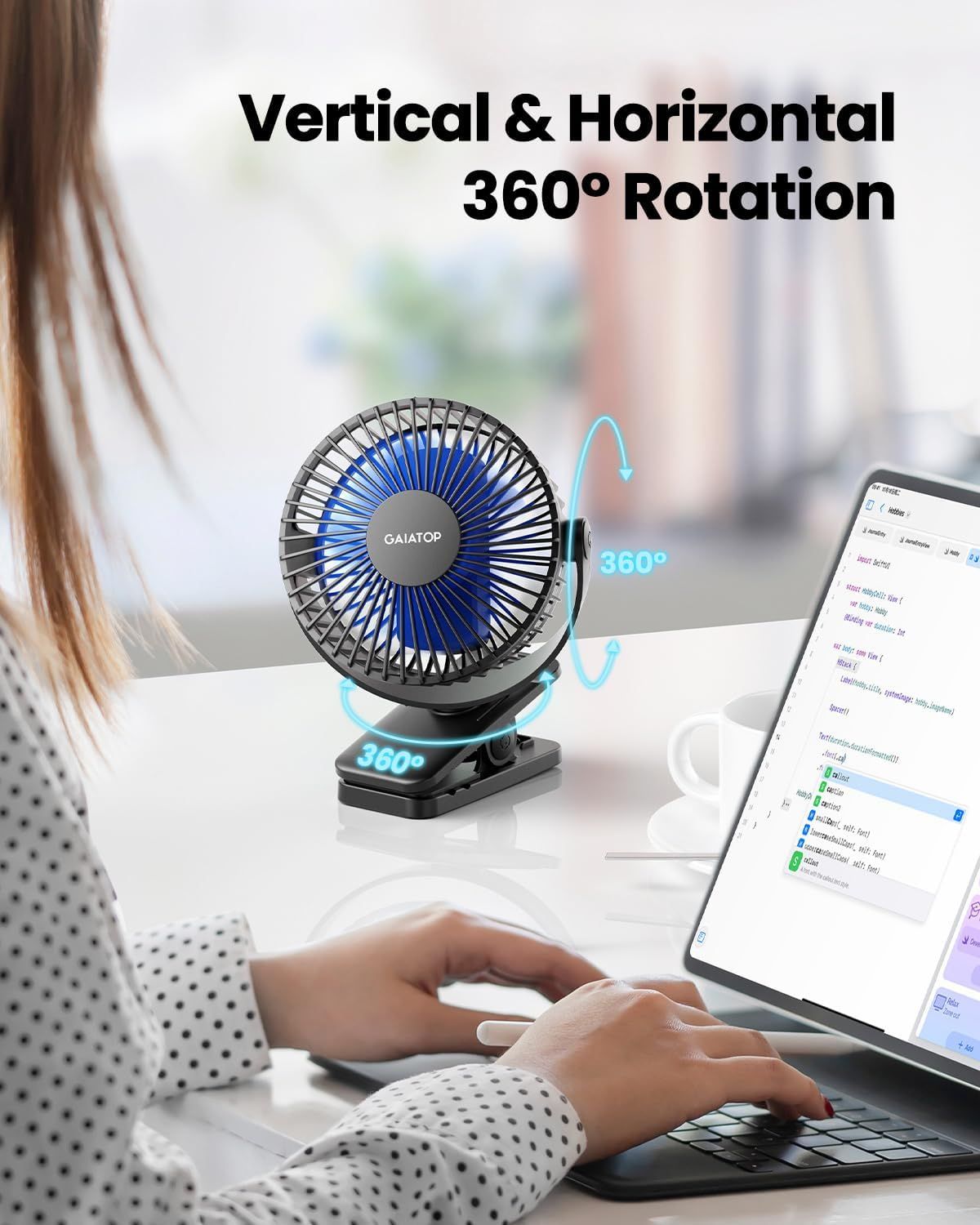 Small USB Rechargeable Clip-On Mini Desk Fan – 2000mAh Battery, 360° Rotation