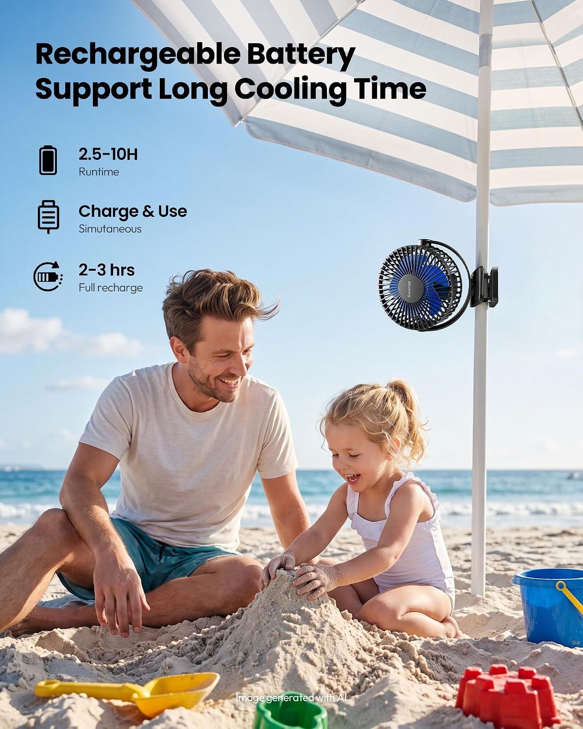 Small USB Rechargeable Clip-On Mini Desk Fan – 2000mAh Battery, 360° Rotation