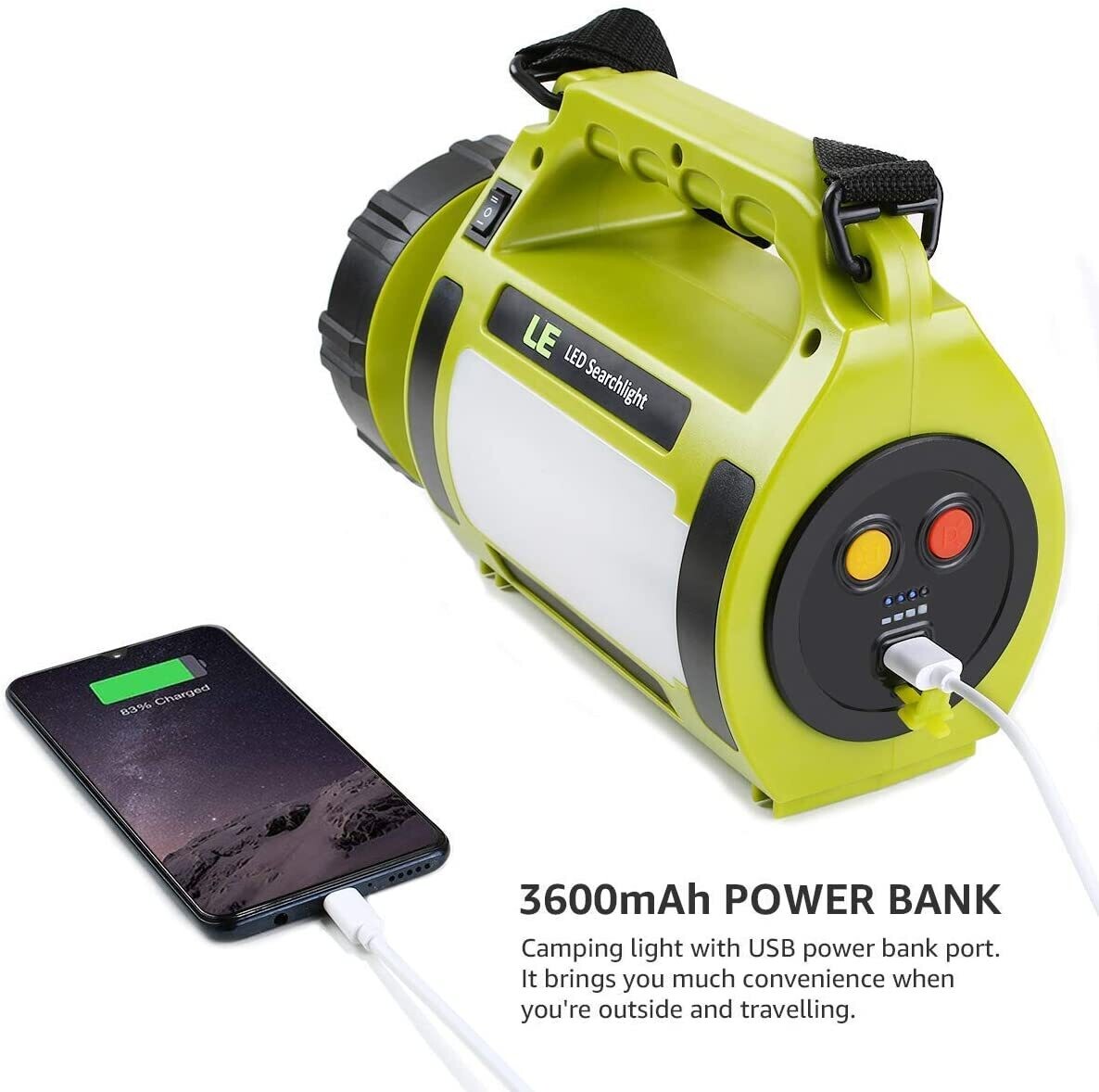 Rechargeable 1000 Lumen LED Searchlight &amp; Camping Lantern – 3600mAh Power Bank