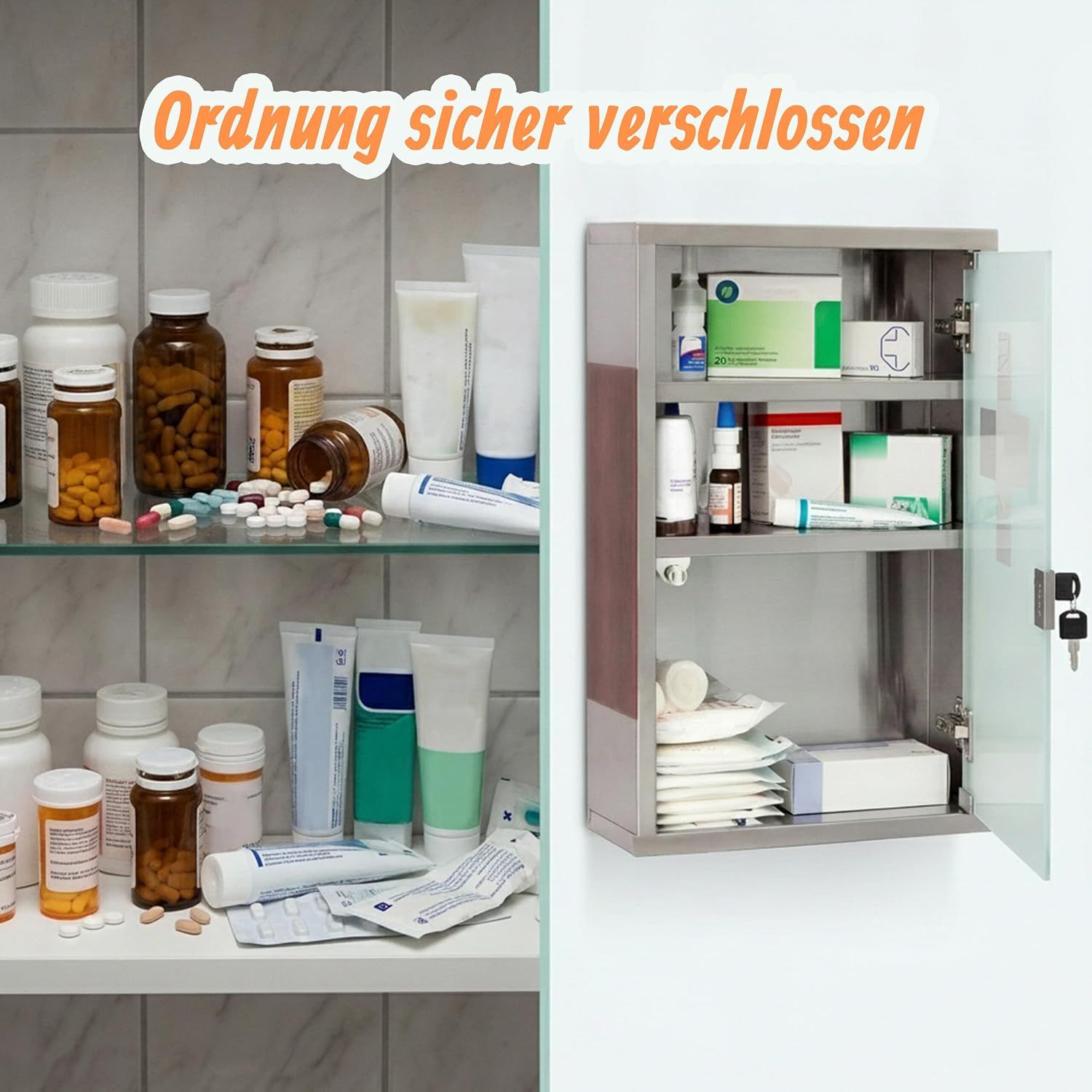 Steel Lockable Medicine Cabinet – 3 Shelves | Stainless Steel | Brown