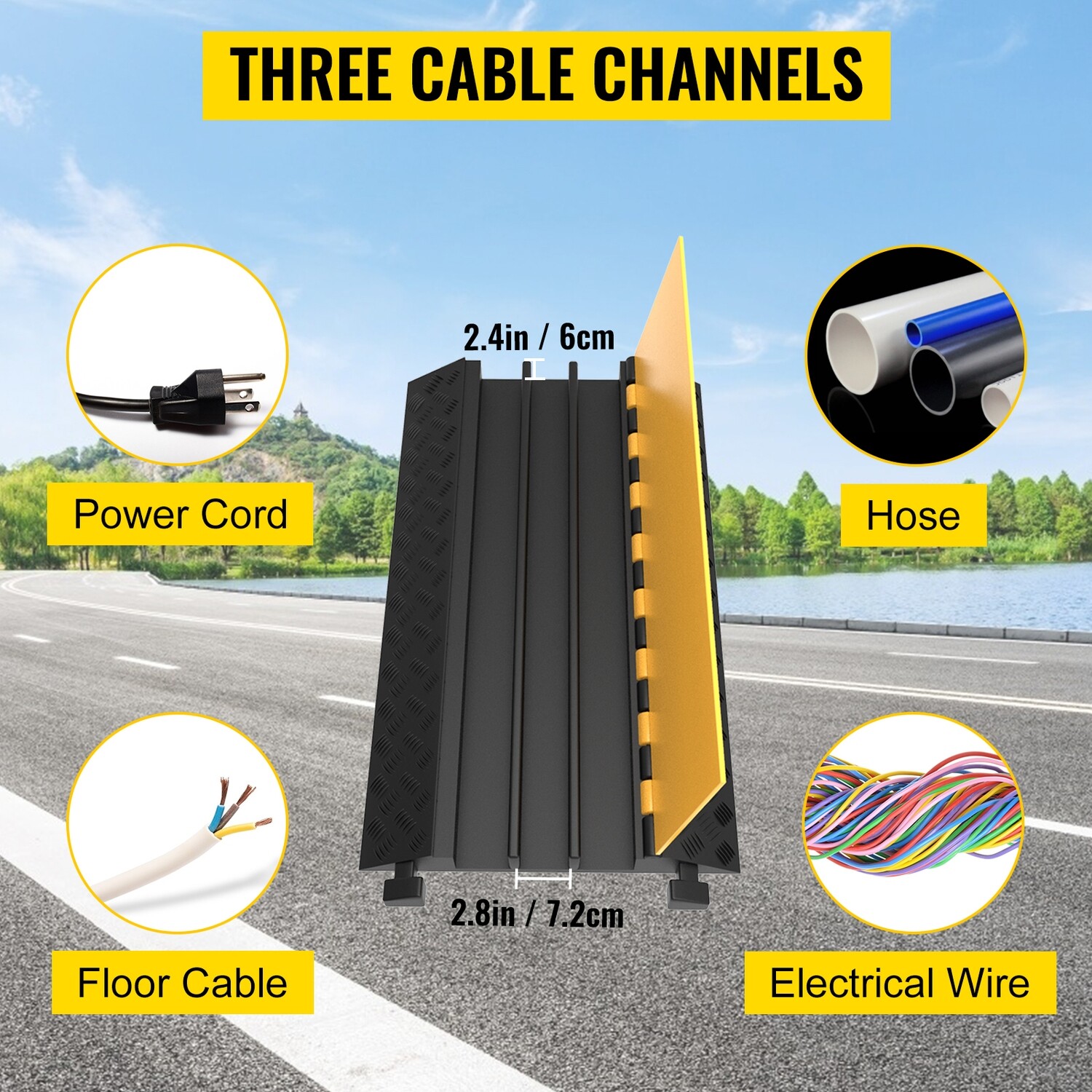 Rubber 3-Channel Heavy-Duty Cable Protector Ramp – 94.5 × 50 × 8 cm, 6,600 lb Capacity