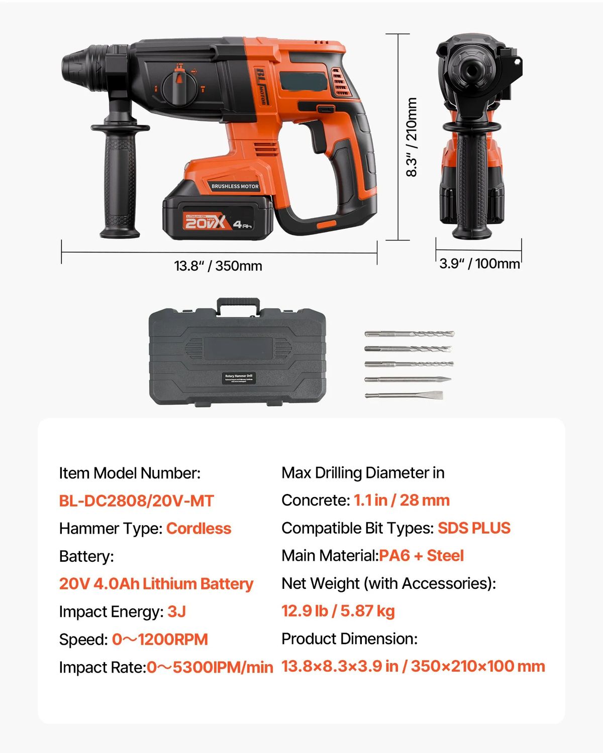 SDS-Plus 20V 4.0Ah Cordless Rotary Hammer Drill – 4-in-1 Heavy-Duty Power Tool Kit