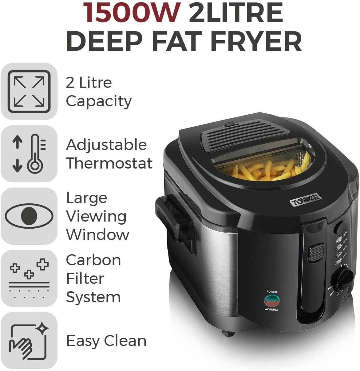 Deep Fat Fryer with Adjustable Thermostat, 2L, 1500W, Black
