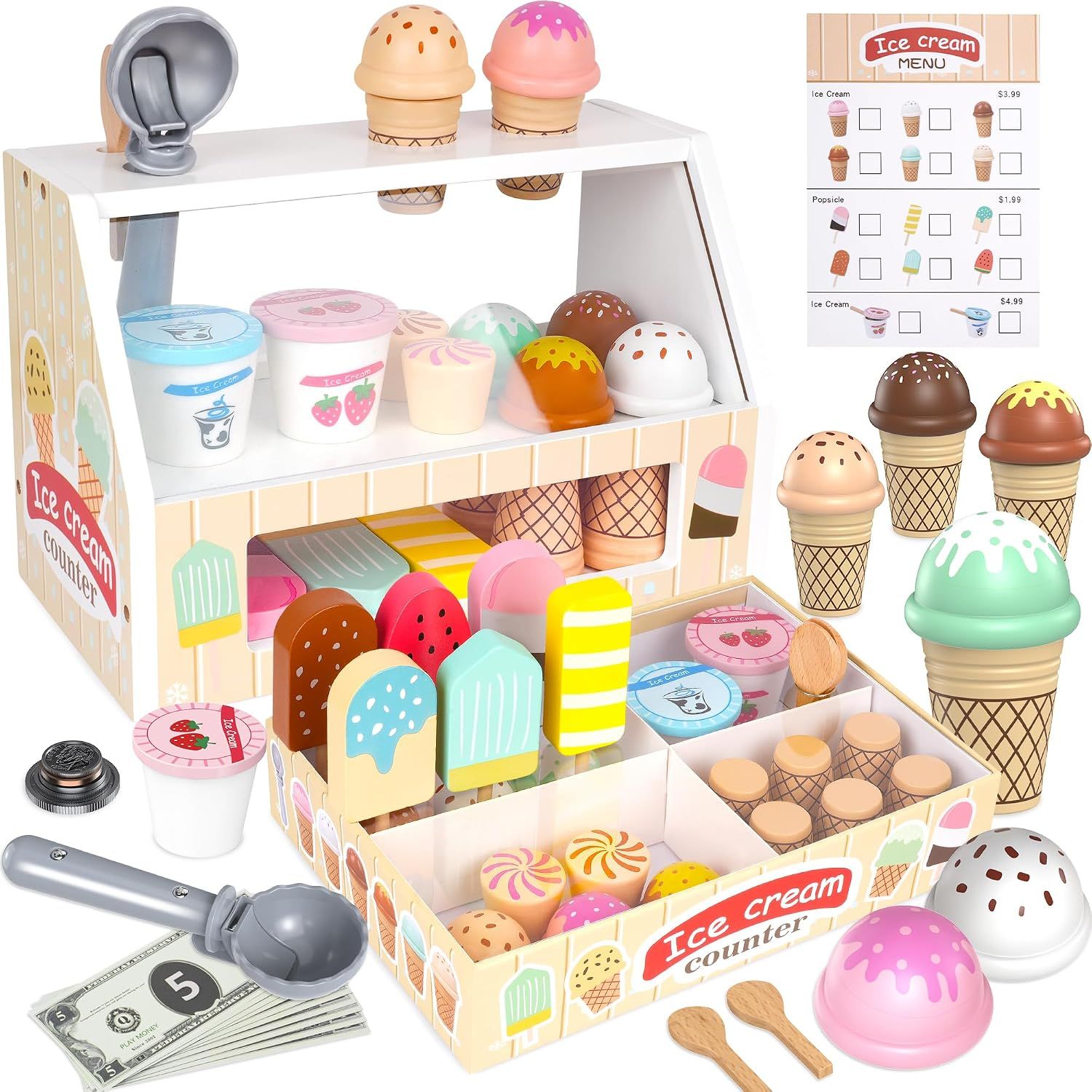 Pretend Play 49-Piece Wooden Ice Cream Parlour Toy – Pretend Play Shop &amp; Montessori Kitchen Set