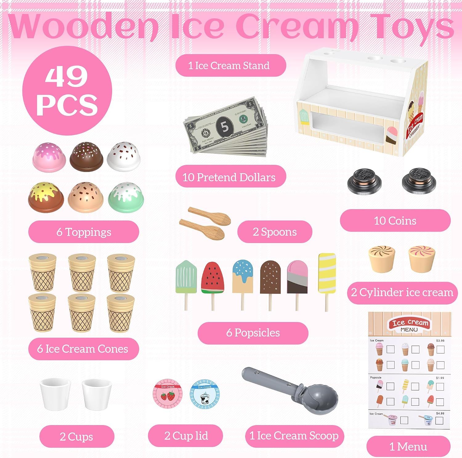 Pretend Play 49-Piece Wooden Ice Cream Parlour Toy – Pretend Play Shop &amp; Montessori Kitchen Set
