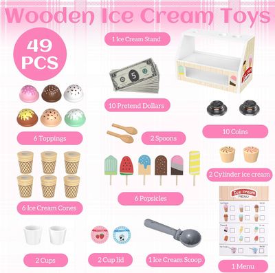 Pretend Play 49-Piece Wooden Ice Cream Parlour Toy – Pretend Play Shop &amp; Montessori Kitchen Set