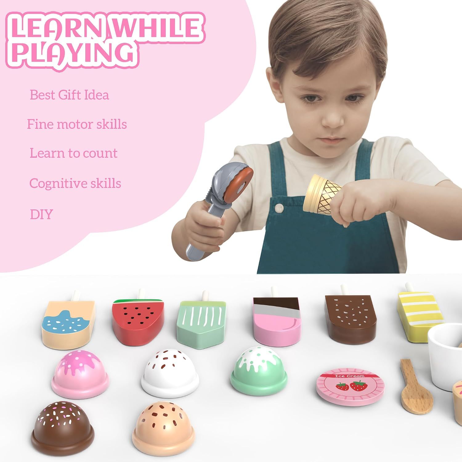Pretend Play 49-Piece Wooden Ice Cream Parlour Toy – Pretend Play Shop &amp; Montessori Kitchen Set