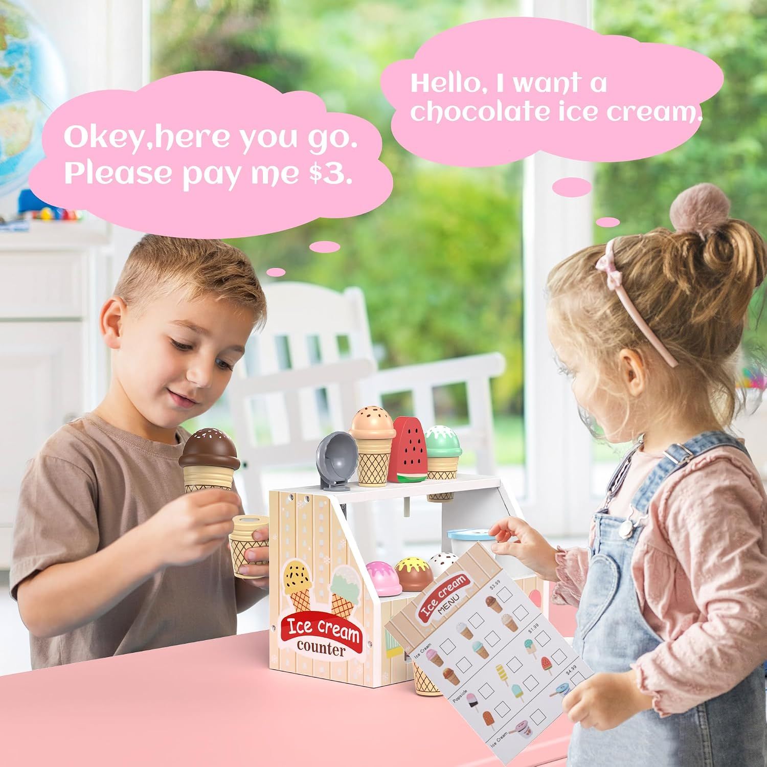 Pretend Play 49-Piece Wooden Ice Cream Parlour Toy – Pretend Play Shop &amp; Montessori Kitchen Set