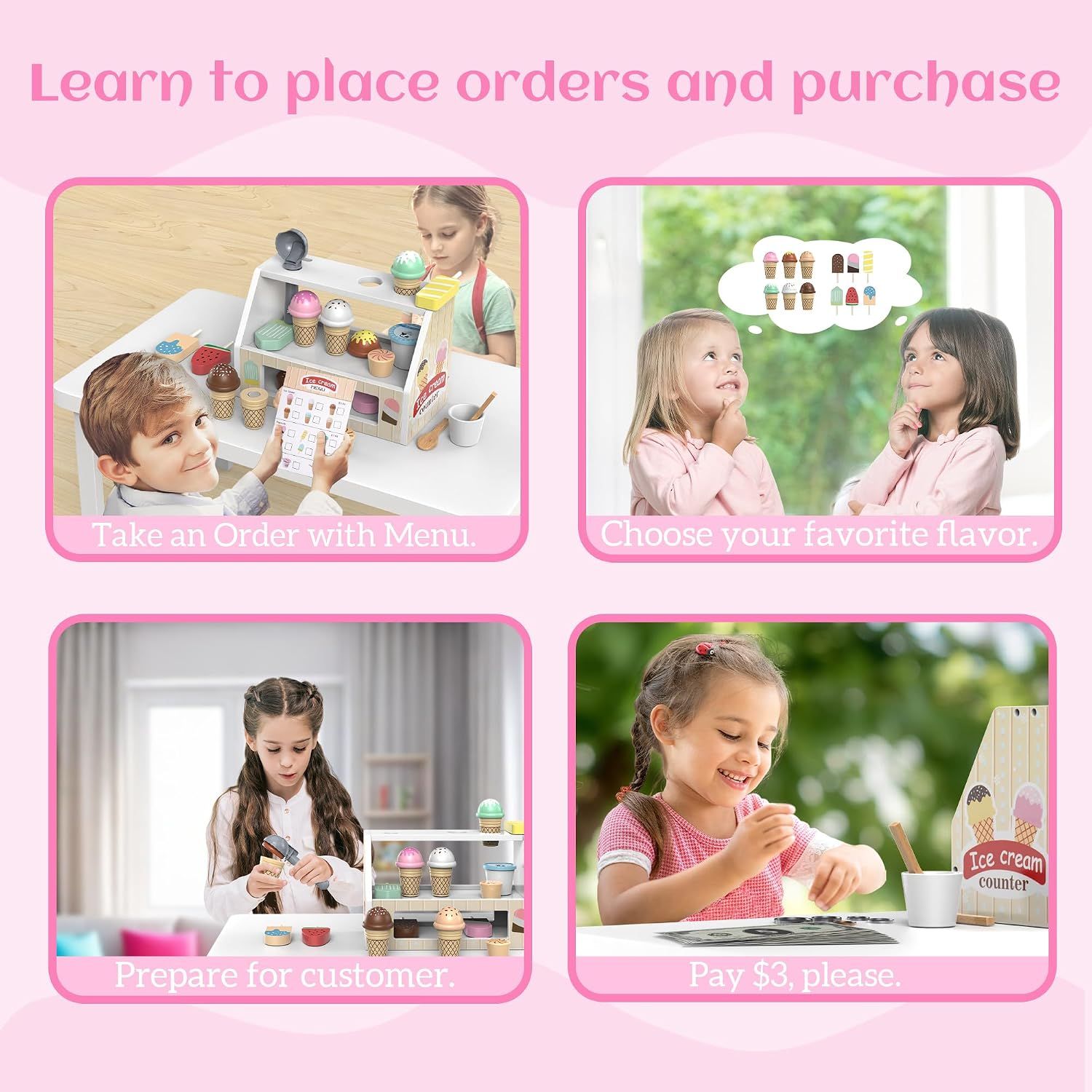 Pretend Play 49-Piece Wooden Ice Cream Parlour Toy – Pretend Play Shop &amp; Montessori Kitchen Set