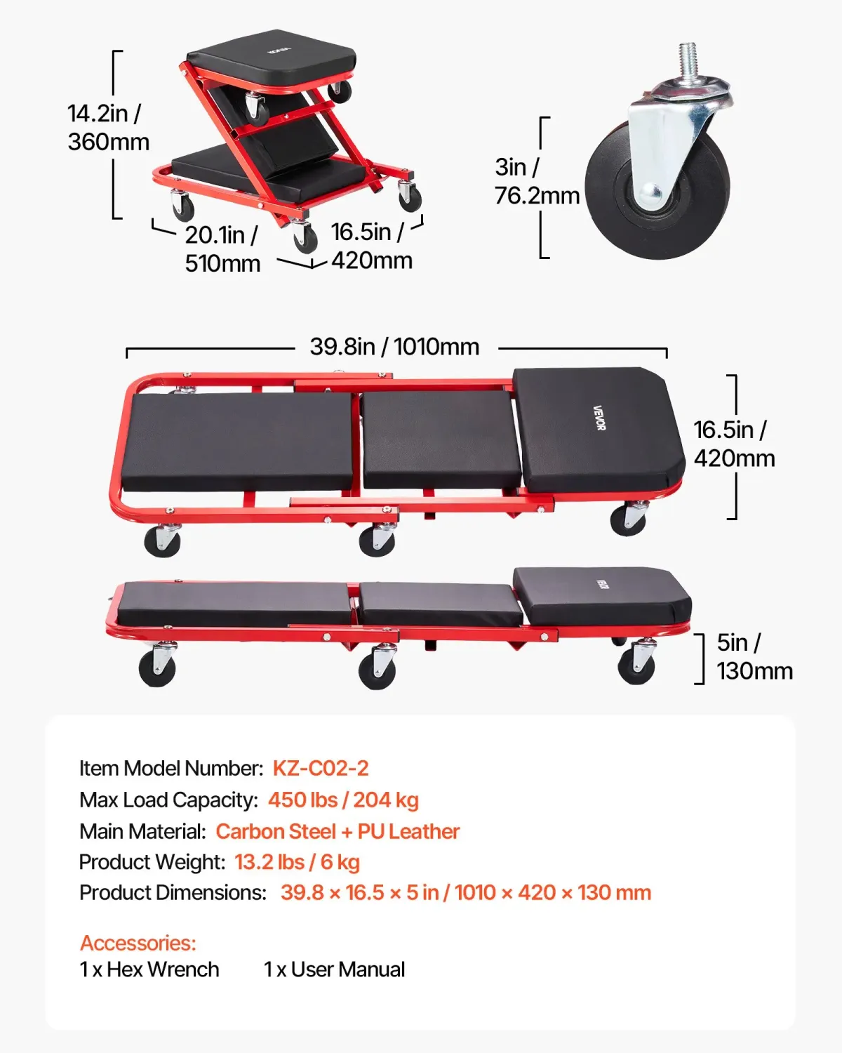Folding Mechanic Creeper 204kg, Z Creeper Seat &amp; Under Car Garage Roller