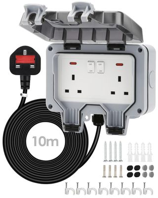 IP66 Waterproof Outdoor Double Socket with 10M Extension Lead, 13A 2 Gang Weatherproof Outside Plug for Garden, Garage &amp; Workshop