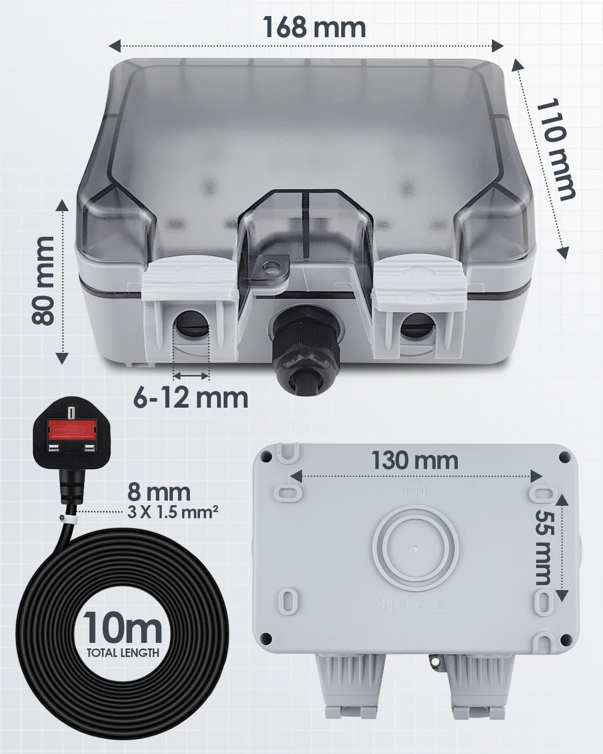 IP66 Waterproof Outdoor Double Socket with 10M Extension Lead, 13A 2 Gang Weatherproof Outside Plug for Garden, Garage &amp; Workshop