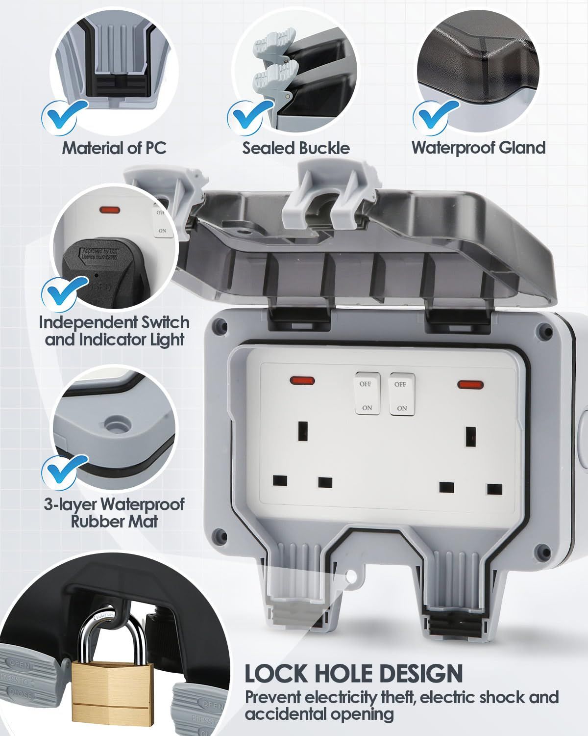 IP66 Waterproof Outdoor Double Socket with 10M Extension Lead, 13A 2 Gang Weatherproof Outside Plug for Garden, Garage &amp; Workshop