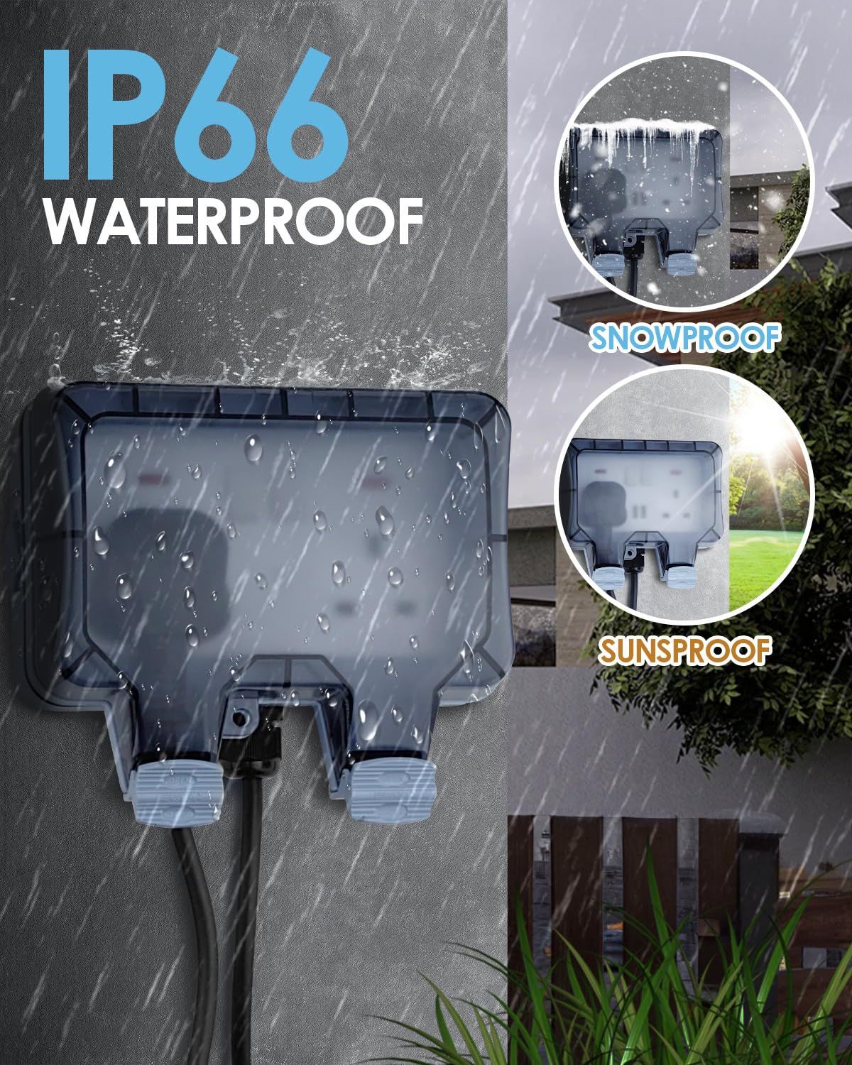 IP66 Waterproof Outdoor Double Socket with 10M Extension Lead, 13A 2 Gang Weatherproof Outside Plug for Garden, Garage &amp; Workshop