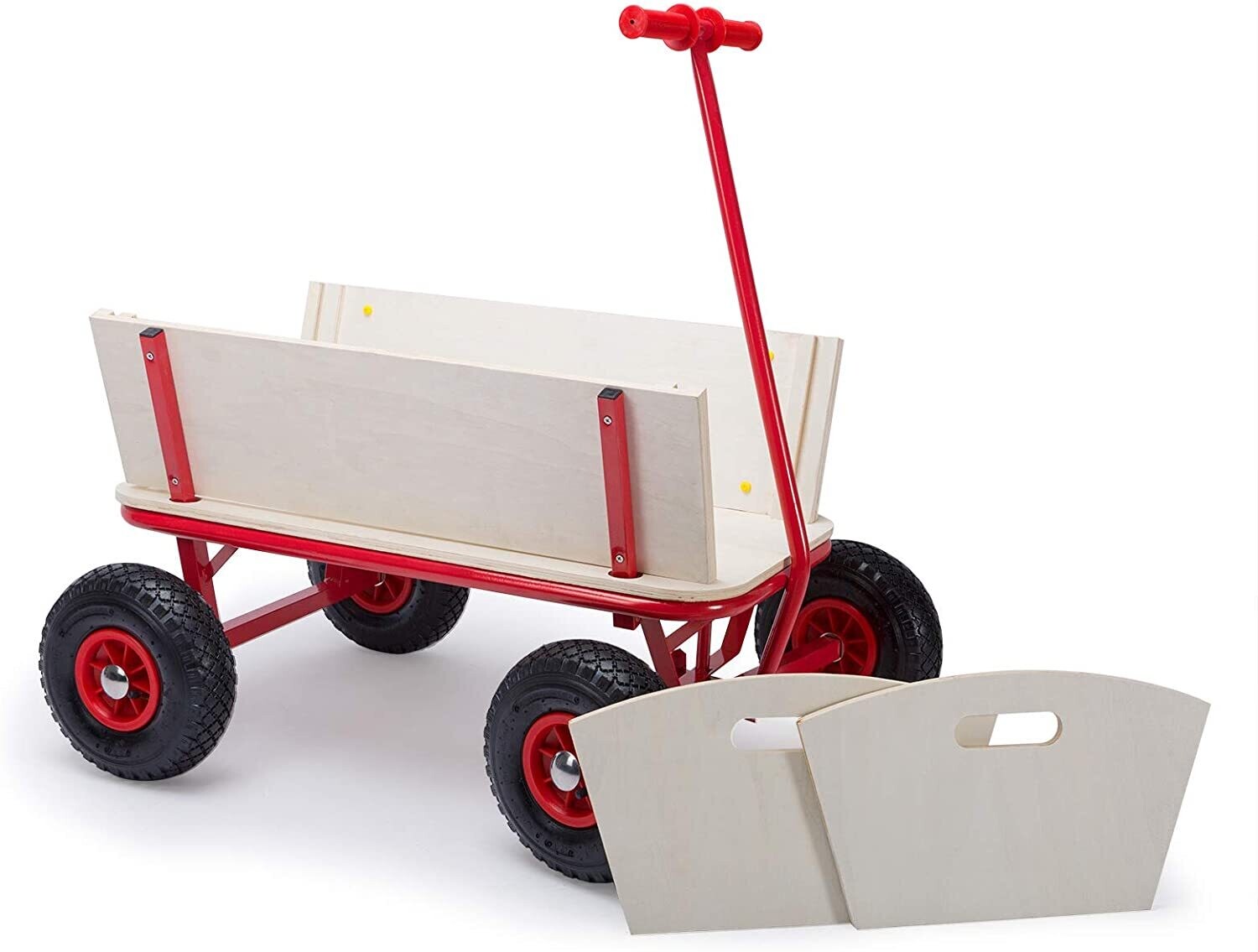 Handcart Wood 180 kg - 4 Profile Pneumatic Tyres Hand Trolley Transport Trolley All-Round Steel Tube Frame Red Garden Trolley