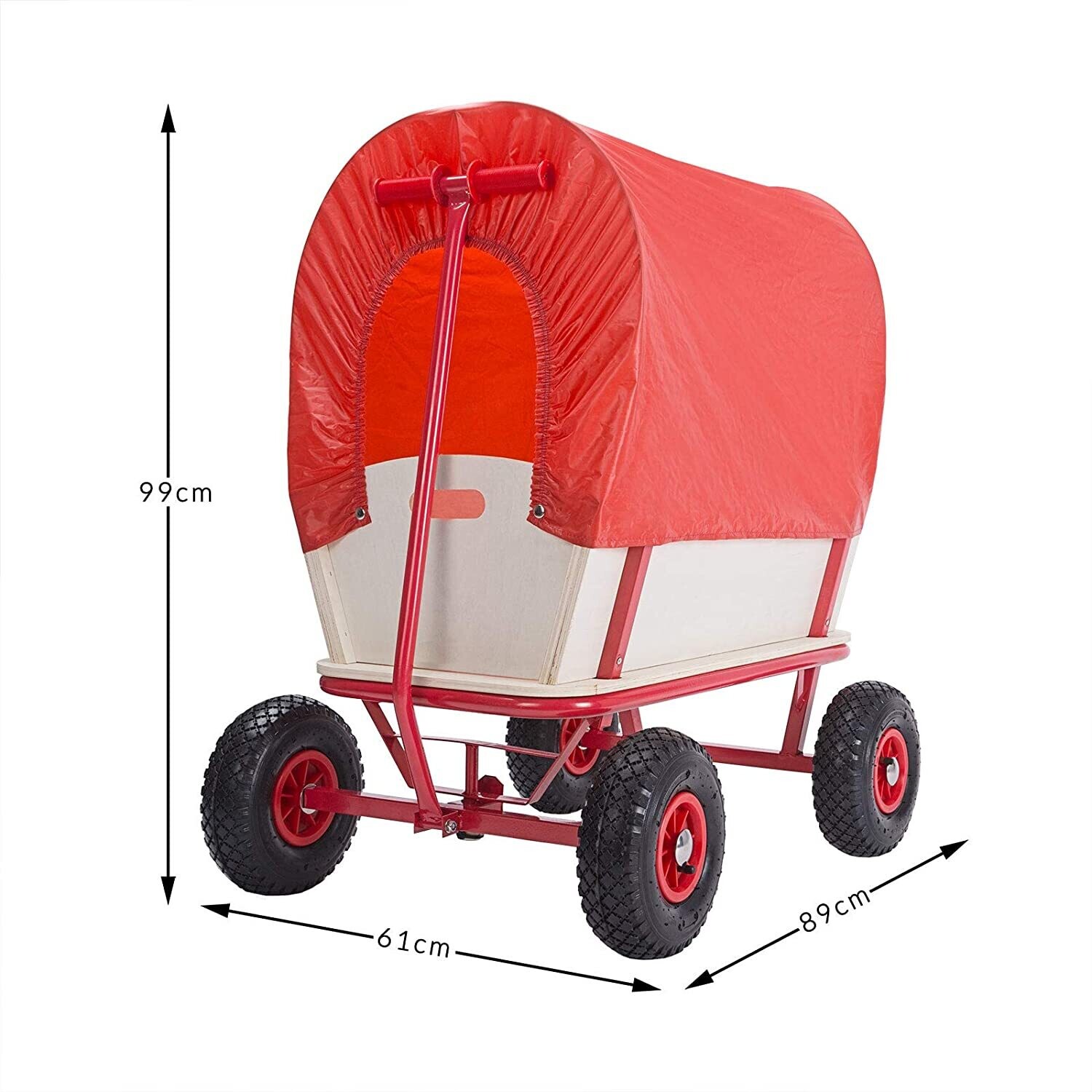 Handcart Wood 180 kg - 4 Profile Pneumatic Tyres Hand Trolley Transport Trolley All-Round Steel Tube Frame Red Garden Trolley