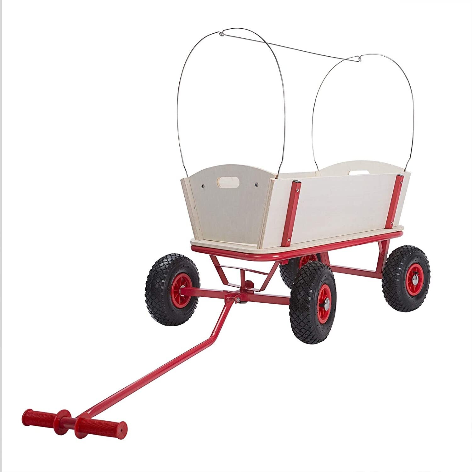 Handcart Wood 180 kg - 4 Profile Pneumatic Tyres Hand Trolley Transport Trolley All-Round Steel Tube Frame Red Garden Trolley