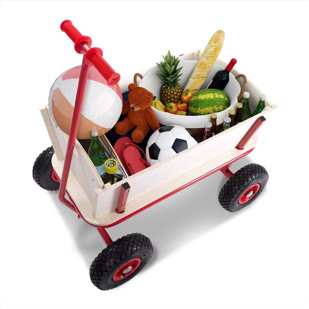 Handcart Wood 180 kg - 4 Profile Pneumatic Tyres Hand Trolley Transport Trolley All-Round Steel Tube Frame Red Garden Trolley