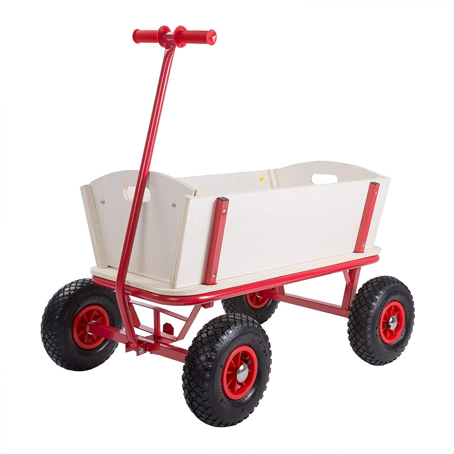 Handcart Wood 180 kg - 4 Profile Pneumatic Tyres Hand Trolley Transport Trolley All-Round Steel Tube Frame Red Garden Trolley