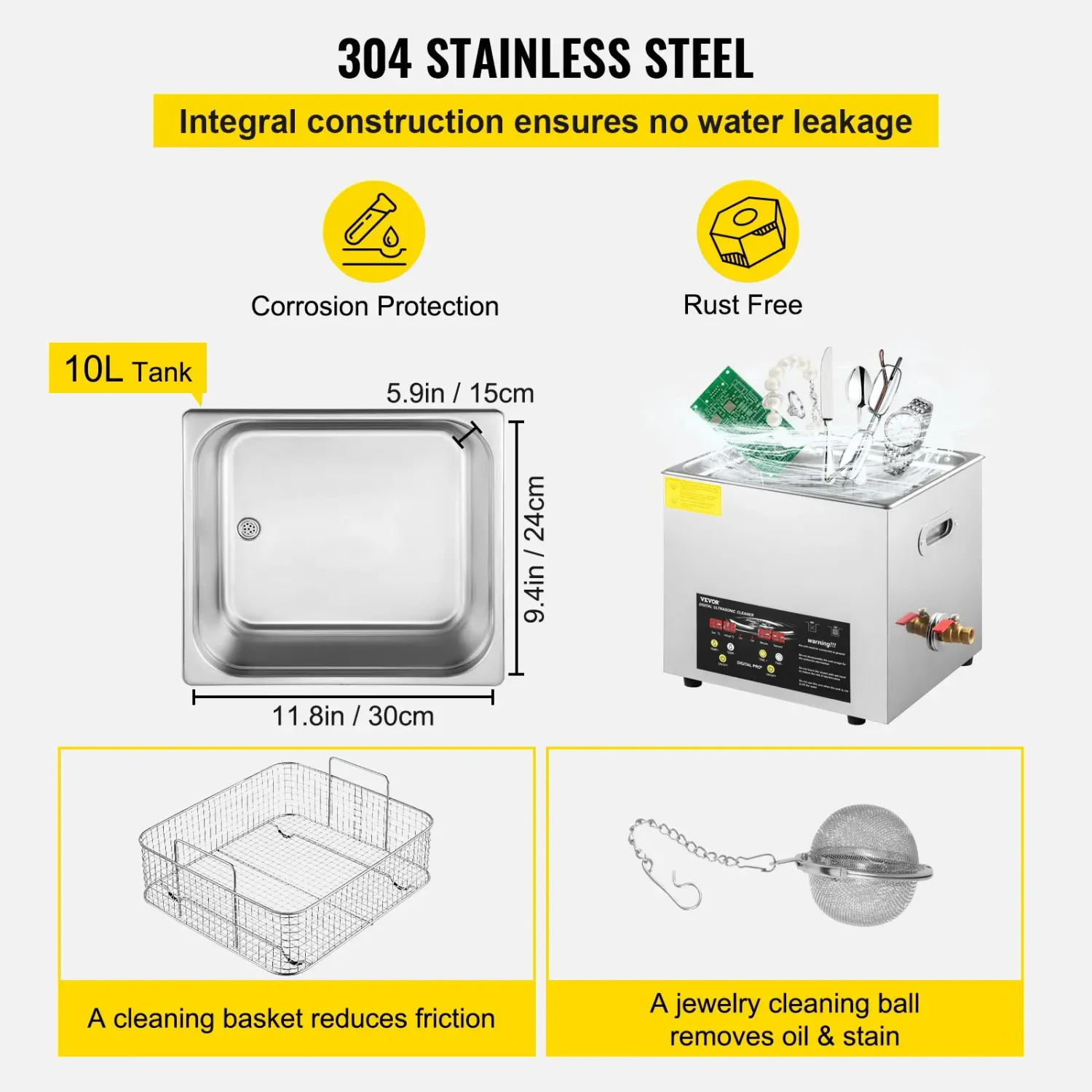 10L Ultrasonic Cleaner 400W Digital Cleaning Machine with Heater 40kHz Stainless Steel Tank