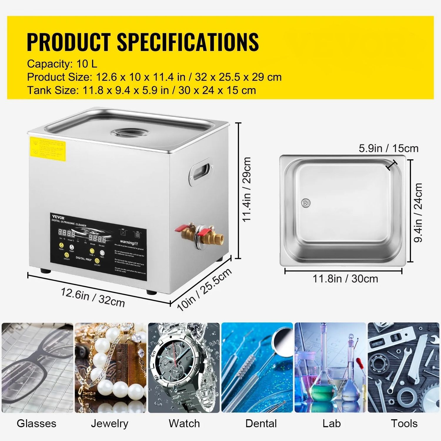 10L Ultrasonic Cleaner 400W Digital Cleaning Machine with Heater 40kHz Stainless Steel Tank