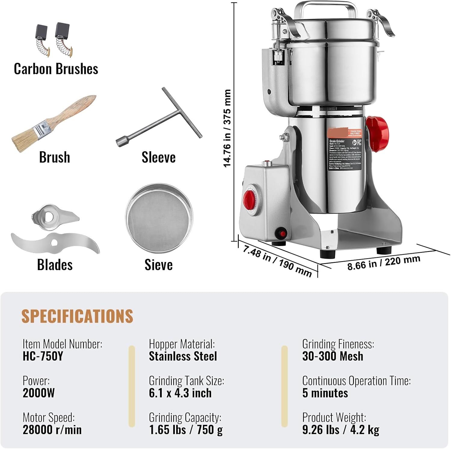 750g &amp; 1000g Electric Herb Grain Mill Grinder - High-Power Grinding for Herbs, Grains, and Spices with Efficient Performance