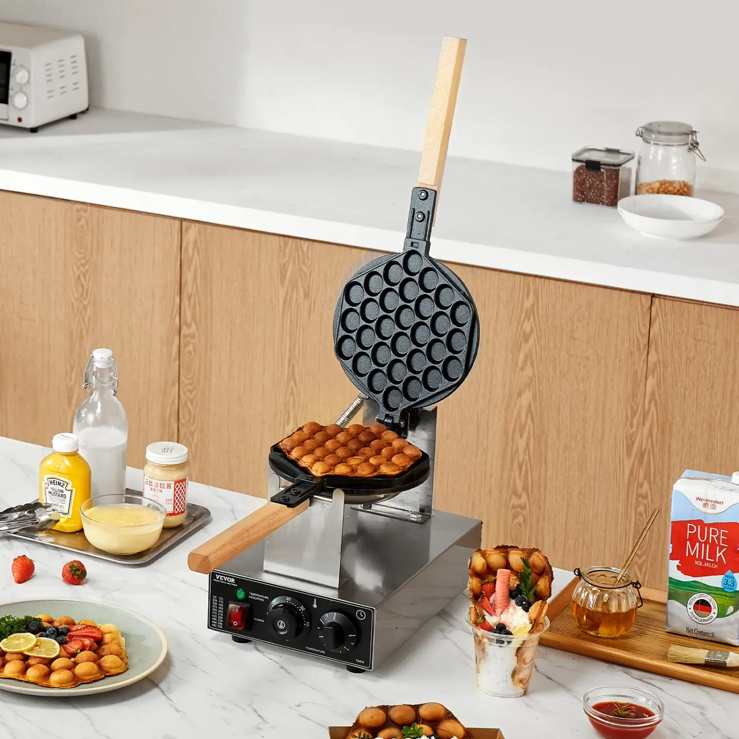 Commercial Bubble Waffle Maker 1400W Stainless Steel Egg Waffle Machine Nonstick Baker