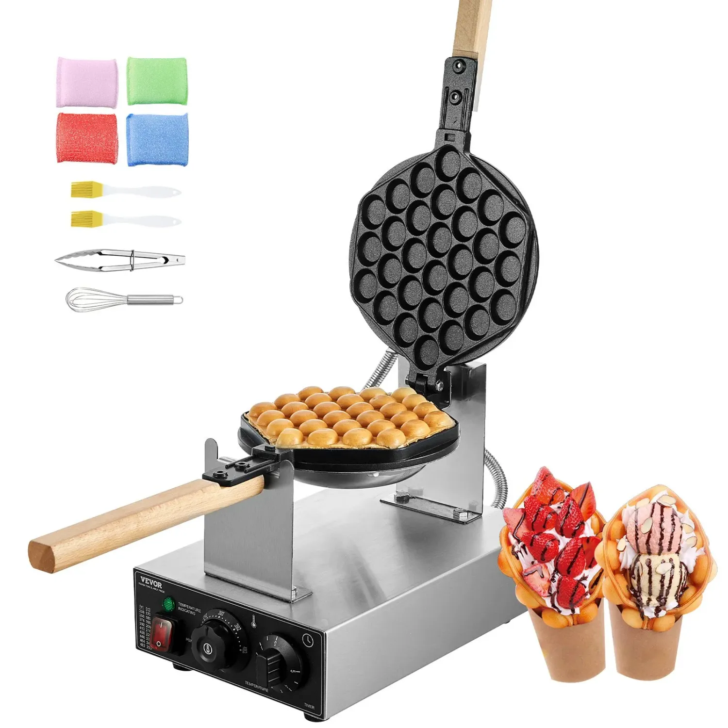 Commercial Bubble Waffle Maker 1400W Stainless Steel Egg Waffle Machine Nonstick Baker, Type: Round Shape Professional Bubble Egg Waffles Cake Machine Waffle Baker