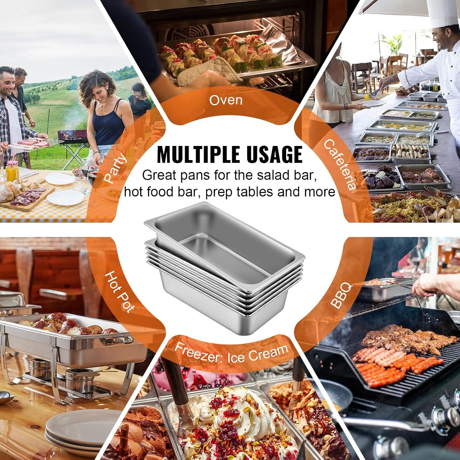 6 Pack Stainless Steel Full Size Hotel Food Pan 6 Inch Steam Table Catering Tray