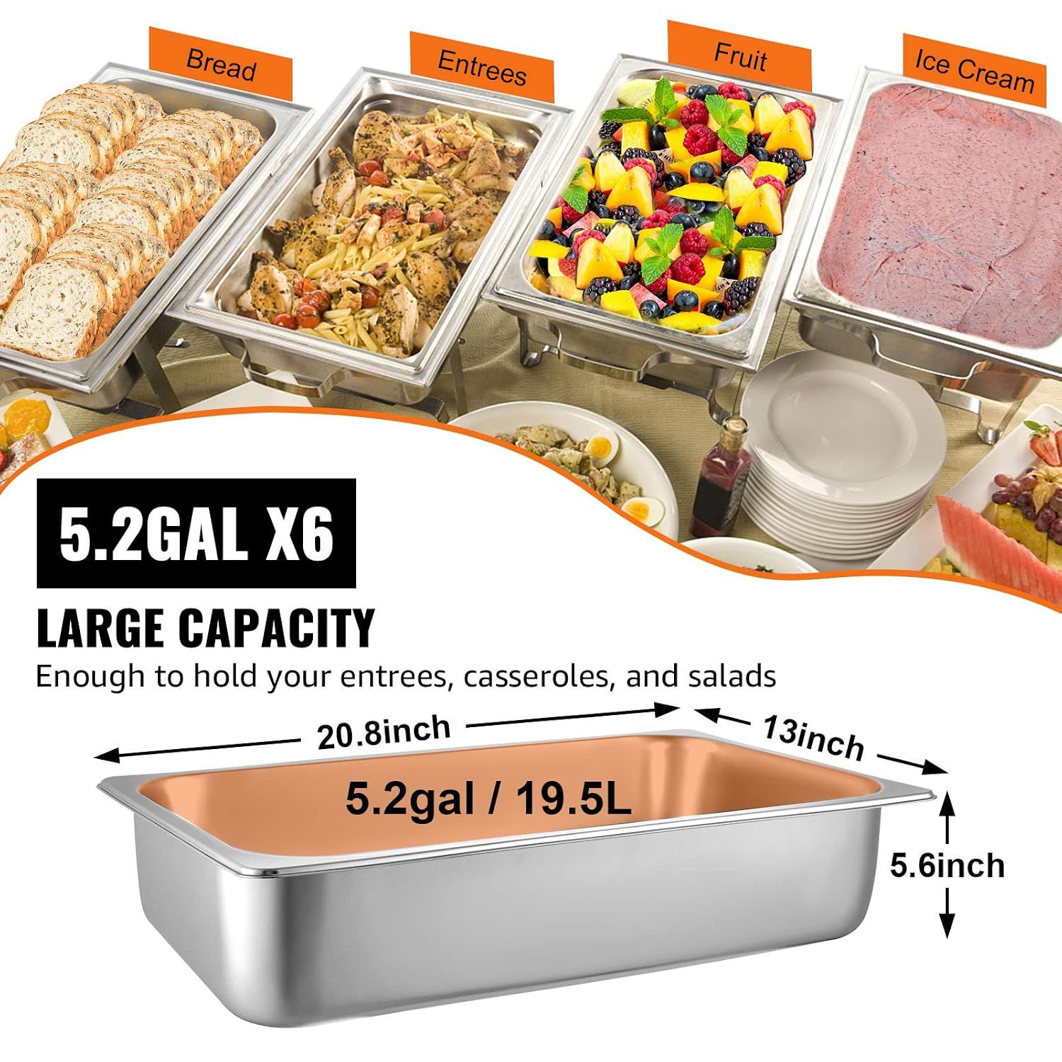 6 Pack Stainless Steel Full Size Hotel Food Pan 6 Inch Steam Table Catering Tray