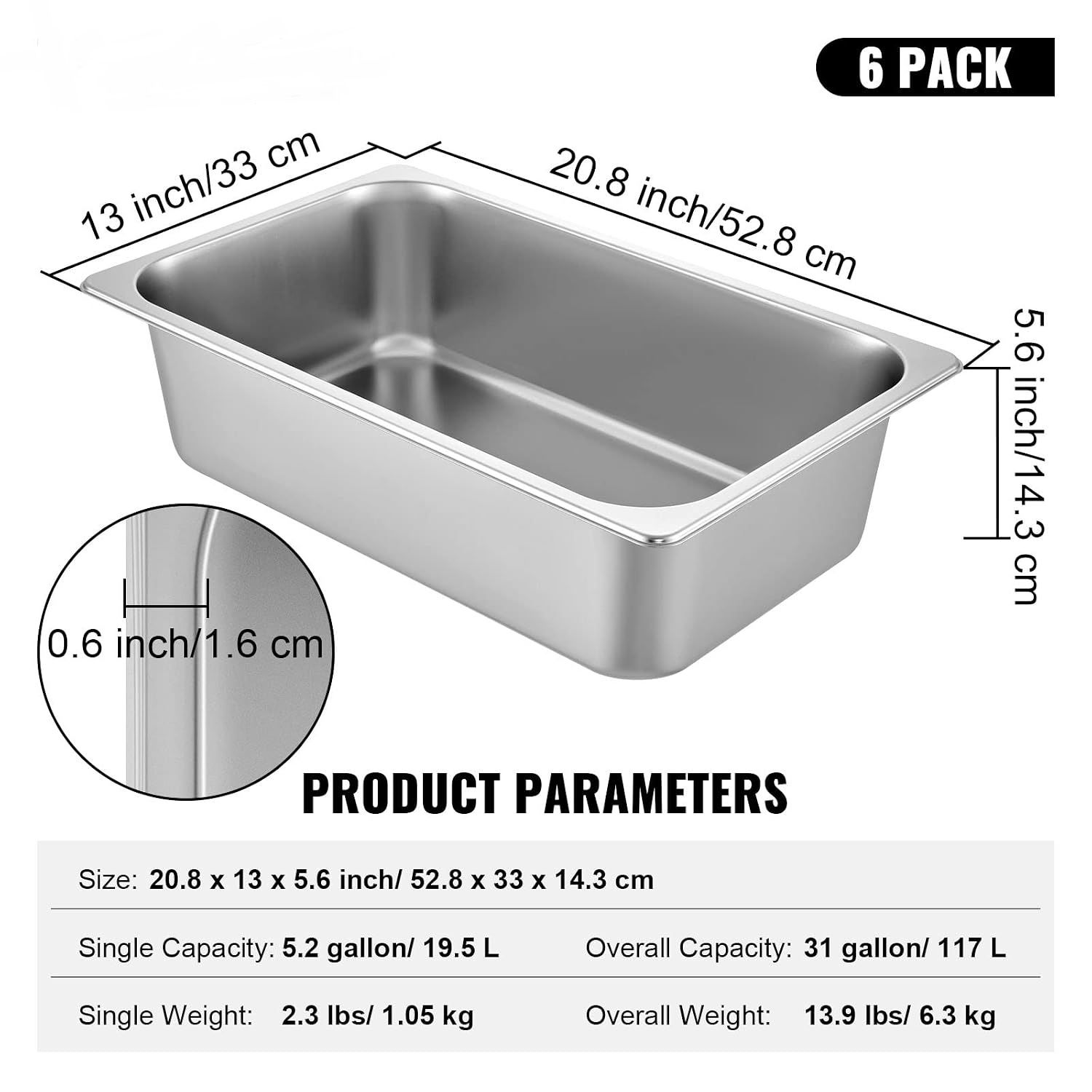 6 Pack Stainless Steel Full Size Hotel Food Pan 6 Inch Steam Table Catering Tray