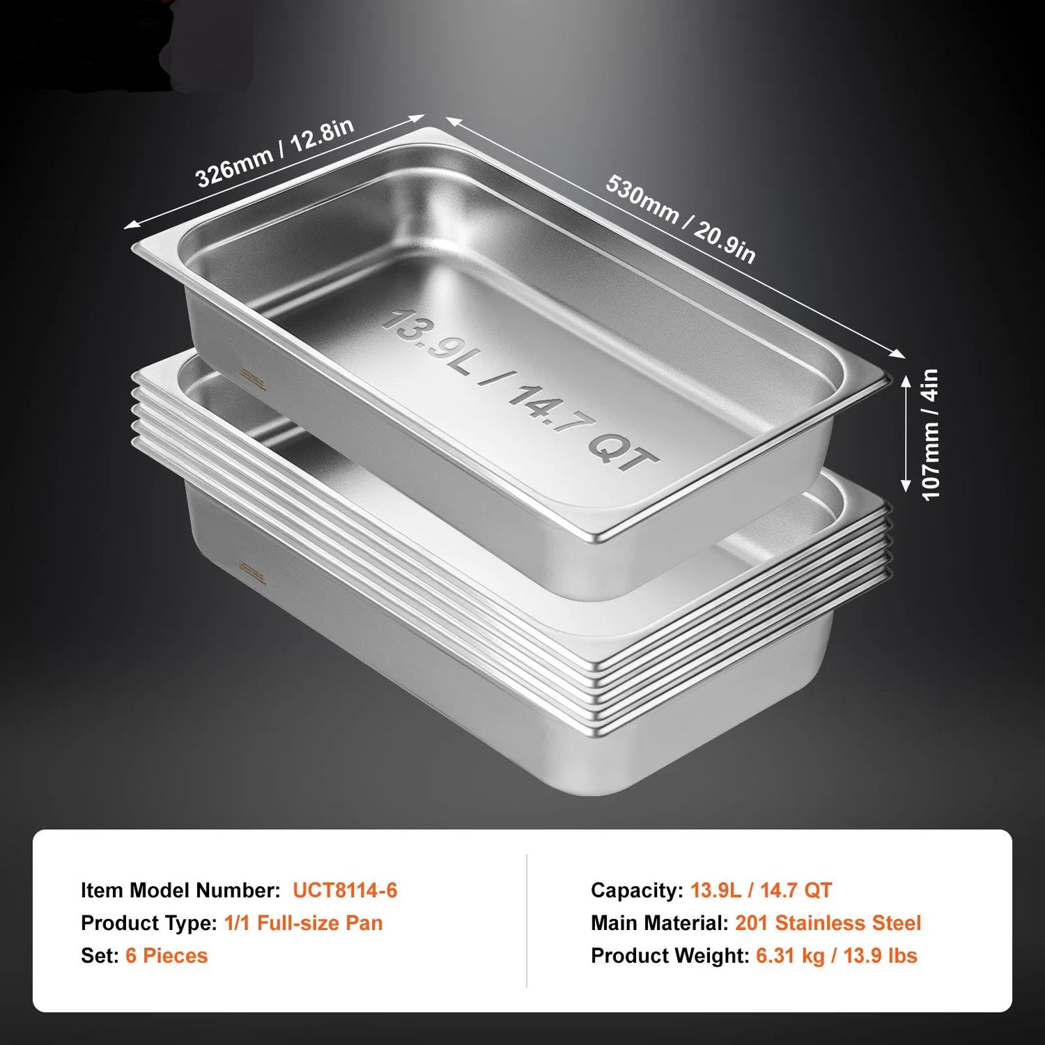 6-Pack Full-Size Stainless Steel Steam Table Pans – 14.7 QT