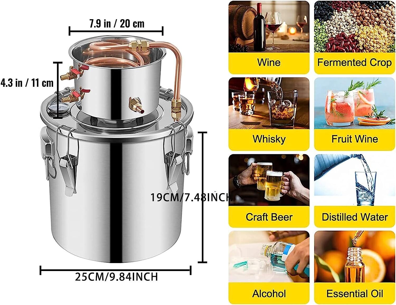 12L/20L/30L/50L 2-Pot DIY Home Brewing Moonshine Alcohol Water Distiller - Stainless Steel Distillation Kit with Thermometer, Silver Coils, and Copper Coils for Spirits, Essential Oils, and Purified