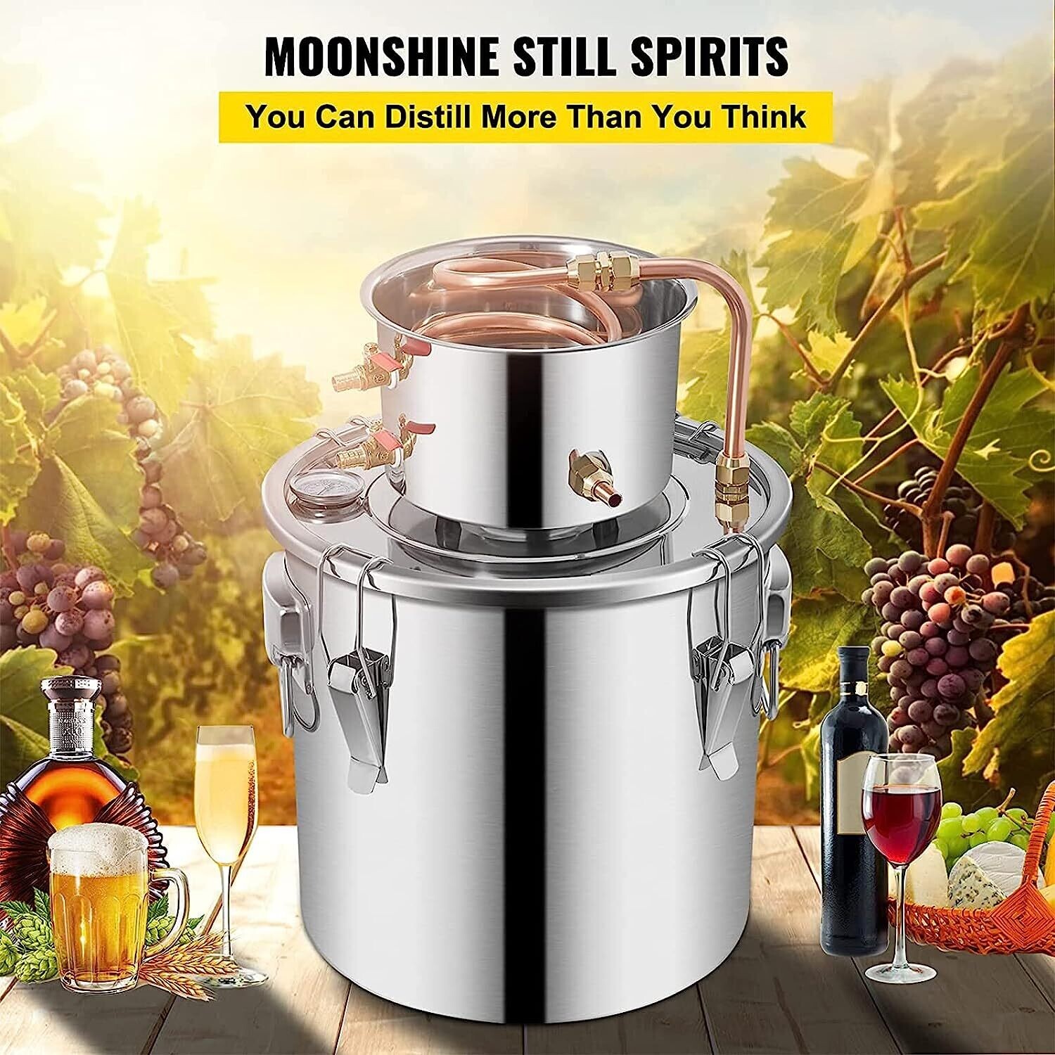 12L/20L/30L/50L 2-Pot DIY Home Brewing Moonshine Alcohol Water Distiller - Stainless Steel Distillation Kit with Thermometer, Silver Coils, and Copper Coils for Spirits, Essential Oils, and Purified