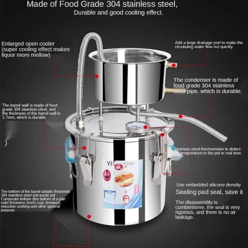 12L/20L/30L/50L 2-Pot DIY Home Brewing Moonshine Alcohol Water Distiller - Stainless Steel Distillation Kit with Thermometer, Silver Coils, and Copper Coils for Spirits, Essential Oils, and Purified