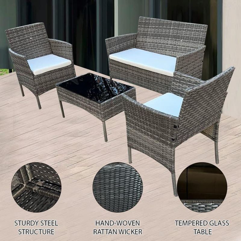 4 Piece Rattan Garden Furniture Set with Sofa Table and Chairs