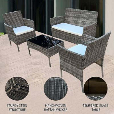 4 Piece Rattan Garden Furniture Set with Sofa Table and Chairs