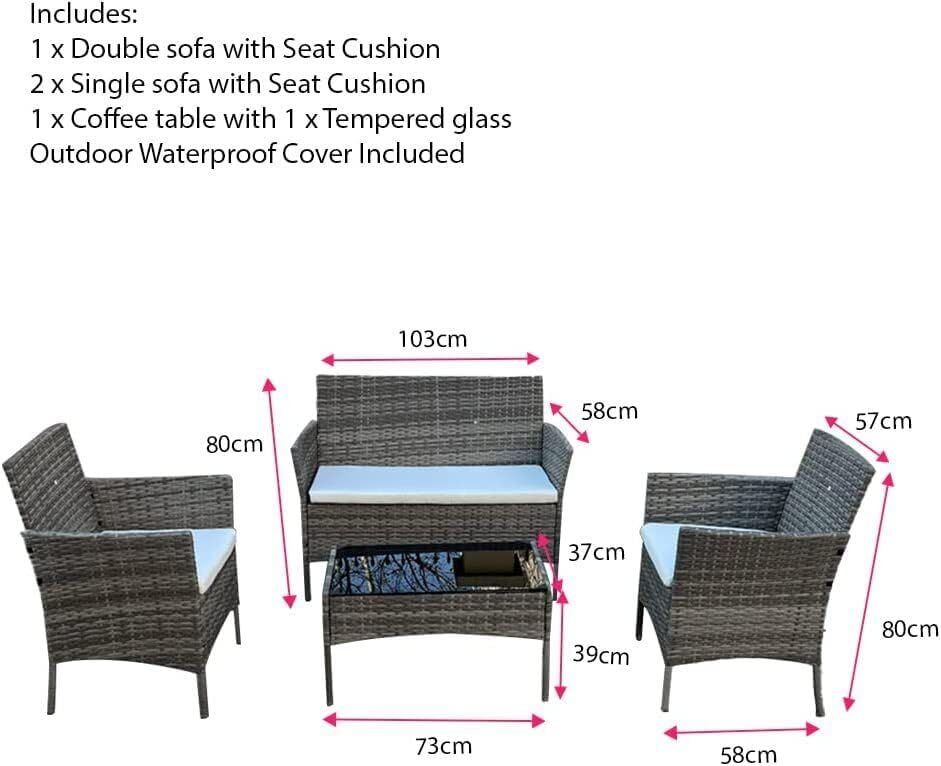 4 Piece Rattan Garden Furniture Set with Sofa Table and Chairs