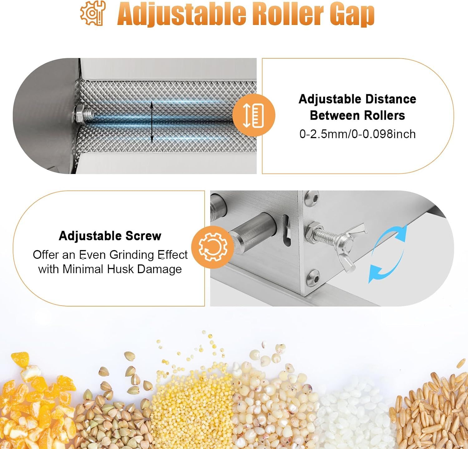 Manual Grain Mill Grinder Adjustable Roller 4L Barley Wheat Crusher