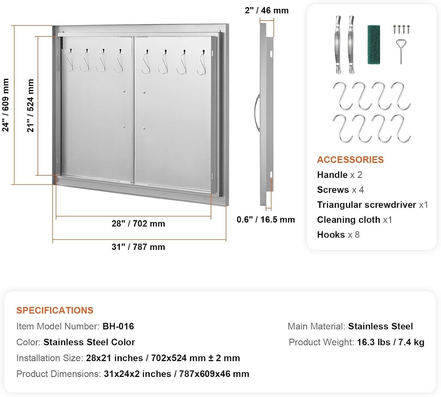BBQ Access Door 79x61cm Stainless Steel Double