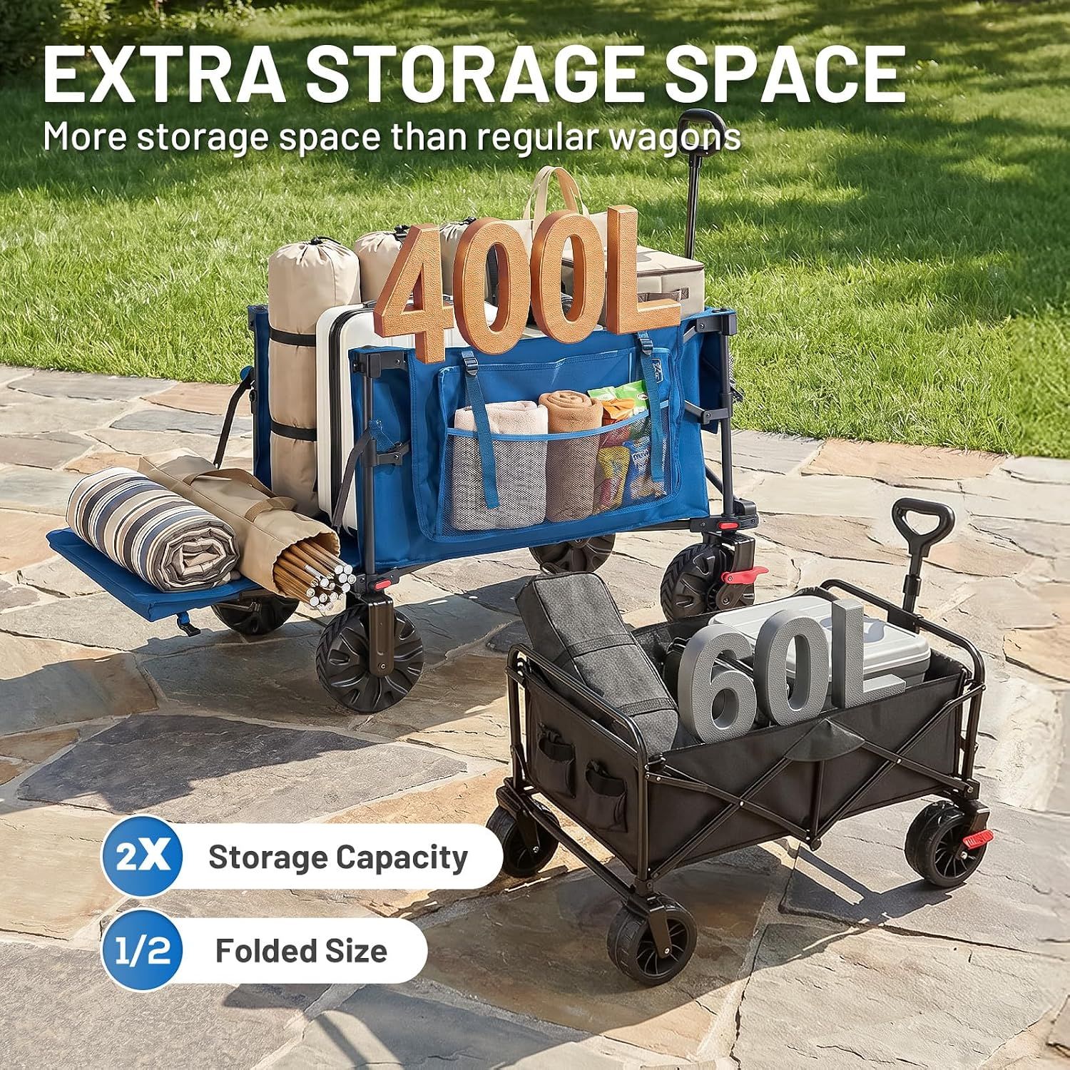400L Folding Camping Trolley Cart with Tailgate Blue