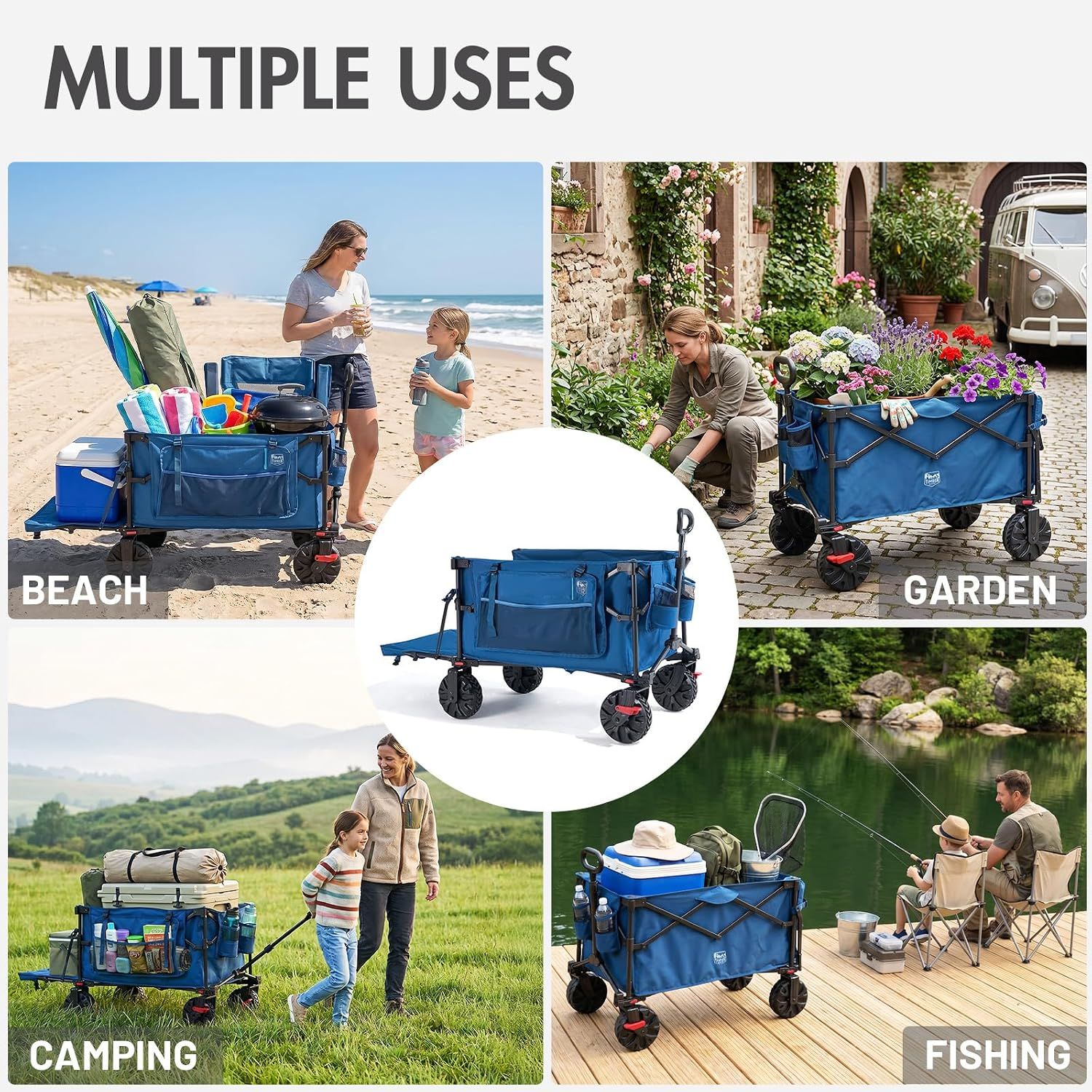400L Folding Camping Trolley Cart with Tailgate Blue