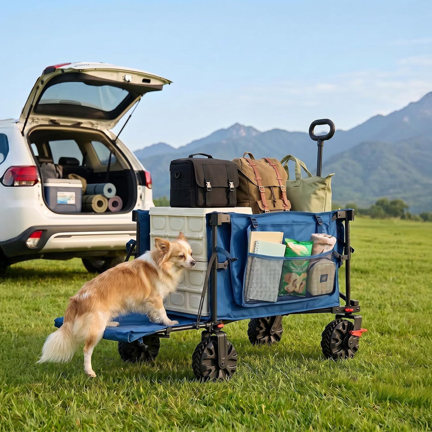 400L Folding Camping Trolley Cart with Tailgate Blue
